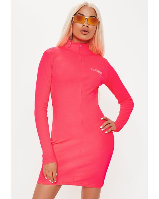 Lyst - Missguided Playboy X Pink Zip Front Ribbed Long ...