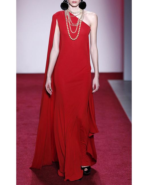 Naeem khan One Shoulder Cape Gown in Red | Lyst