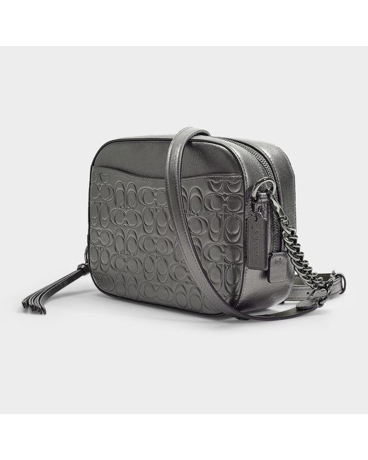 COACH Metallic Signature Leather Camera Bag In Grey Calfskin in Gray