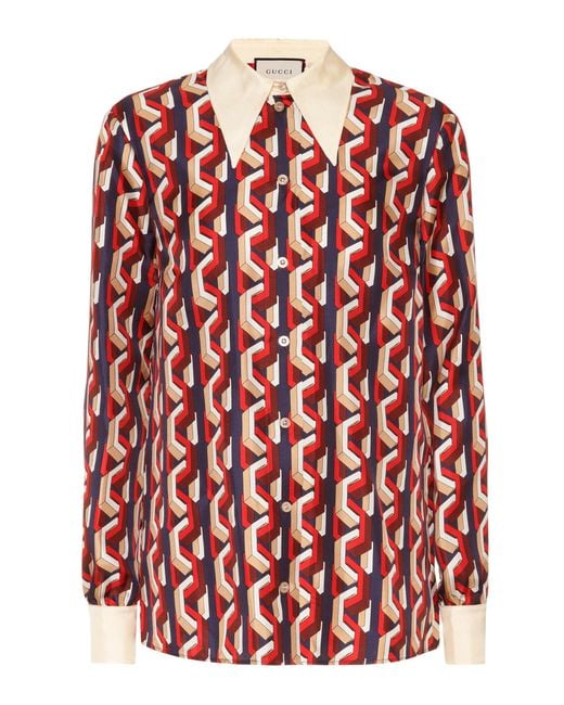 Lyst - Gucci Printed Silk Blouse in Red