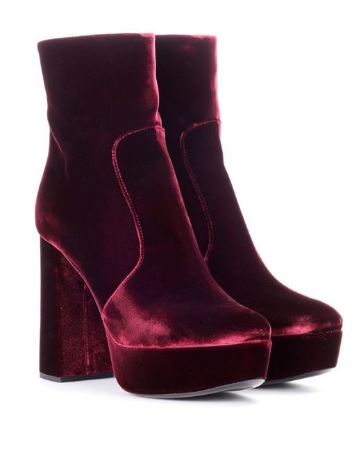 Lyst - Prada Velvet Plateau Ankle Boots in Red