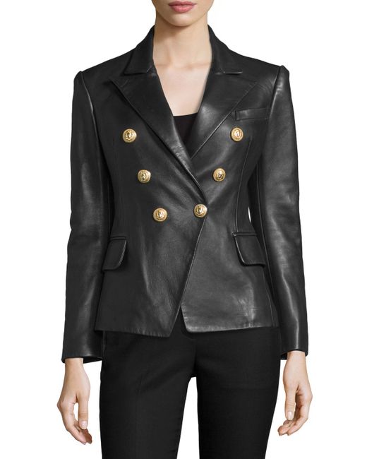 Balmain Double-breasted Leather Blazer in Black | Lyst