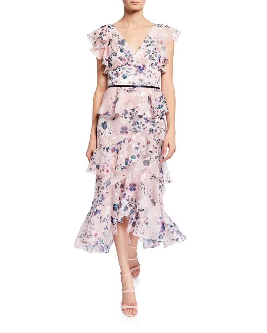 marchesa draped sleeve printed chiffon gown