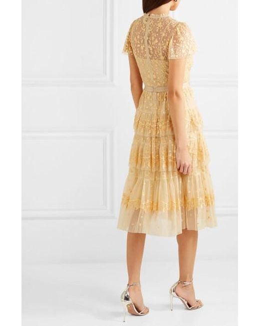 Needle & Thread Angelica Tiered Embroidered Tulle Midi Dress in Yellow ...