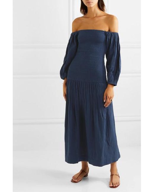 RHODE Harper Off the shoulder Smocked Cotton gauze Maxi Dress In Navy 