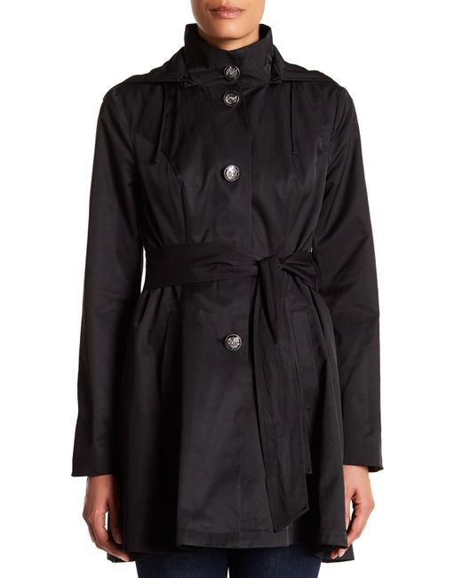 Betsey johnson Tie Waist Fit & Flare Rain Coat in Black | Lyst