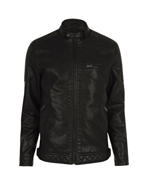 River island Black Leather Look Racer Jacket in Black for Men | Lyst