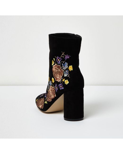 River island Black Embroidered Floral Ankle Boots in Black | Lyst