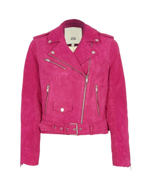 Lyst - River Island Bright Pink Suede Biker Jacket Bright Pink Suede ...