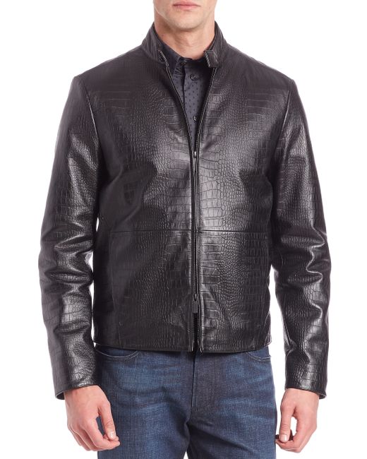 Armani Croc Embossed Leather Jacket in Black for Men Lyst