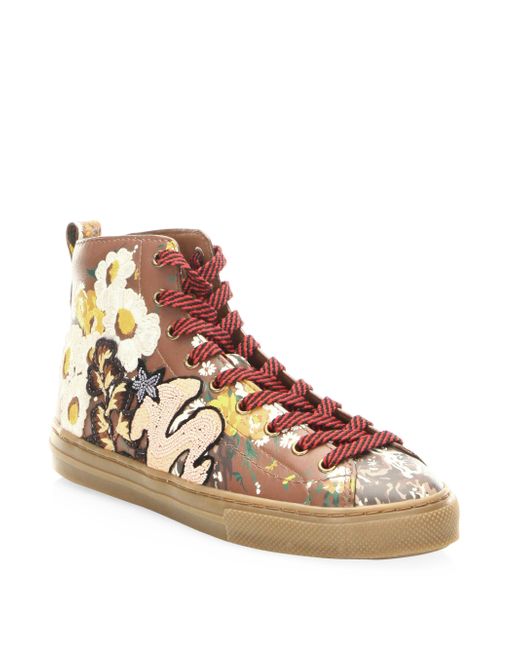 Lyst - Coach Floral High-top Leather Sneakers