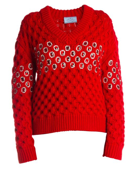 Prada Women's Embellished Basket Weave Wool Knit Sweater - Red in Red ...