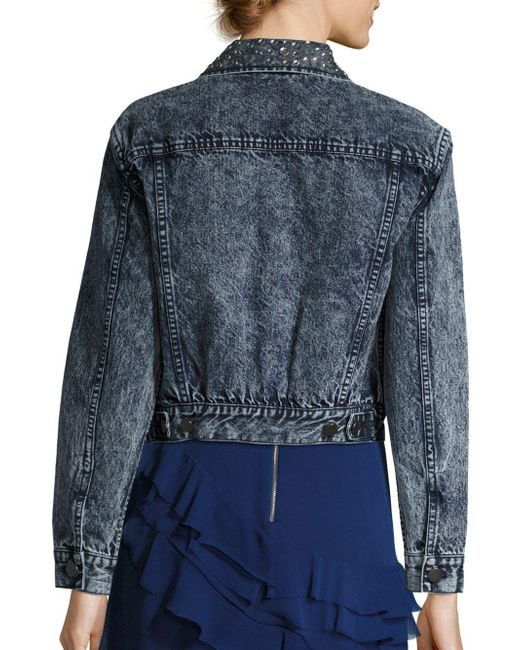 Lyst - Alice + Olivia Chloe Embellished Cropped Denim Jacket in Blue ...