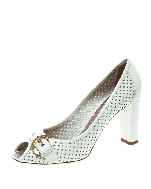 Louis Vuitton White Perforated Leather Buckle Peep Toe Block Heel Pumps Size 39.5 - Save 37% - Lyst