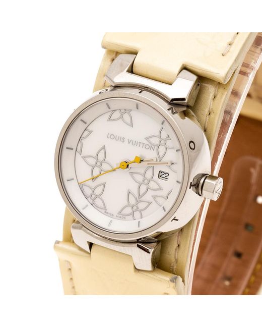 Louis Vuitton Mother Of Pearl Stainless Steel Tambour Q121c Women's Wristwatch 28 Mm in Yellow ...