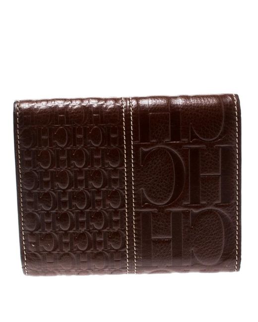 Carolina Herrera Brown Monogram Leather Tri Fold Compact ...