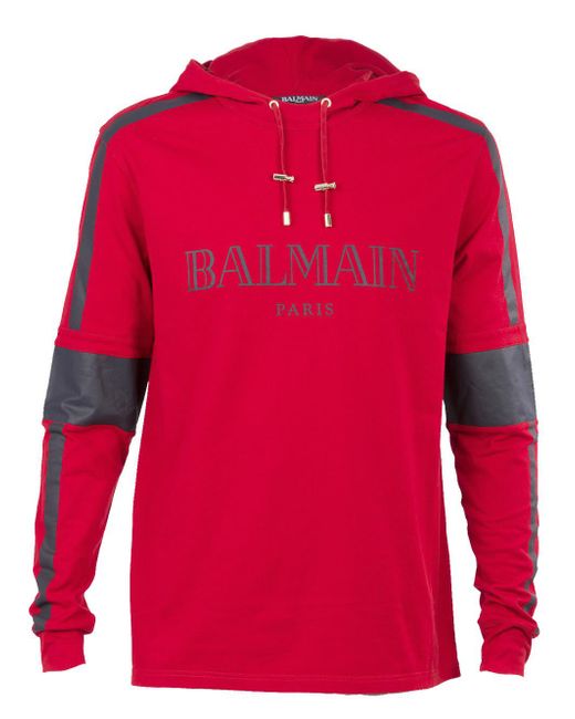 Balmain Logo Cotton Hoodie in Red for Men | Lyst