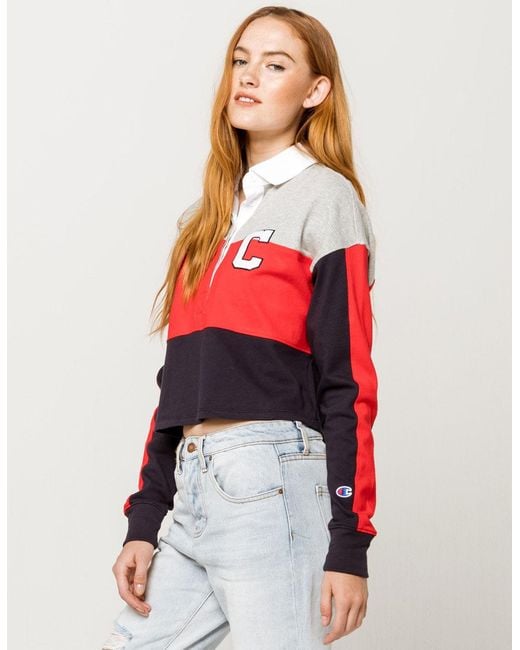 Champion Cotton Rugby Womens Crop Polo Shirt in Black Combo (Red) - Lyst