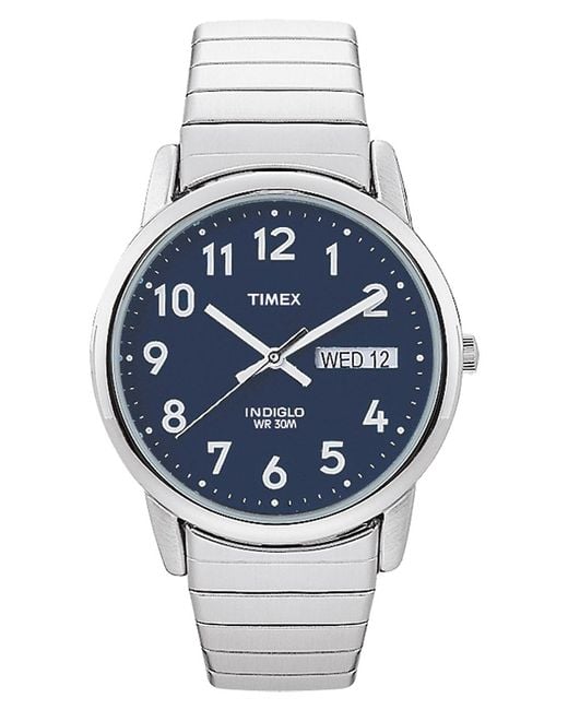 Lyst Timex Watch Easy Reader Day Date 35mm Expansion Band Silver Tonestainless Steelblue In 3646