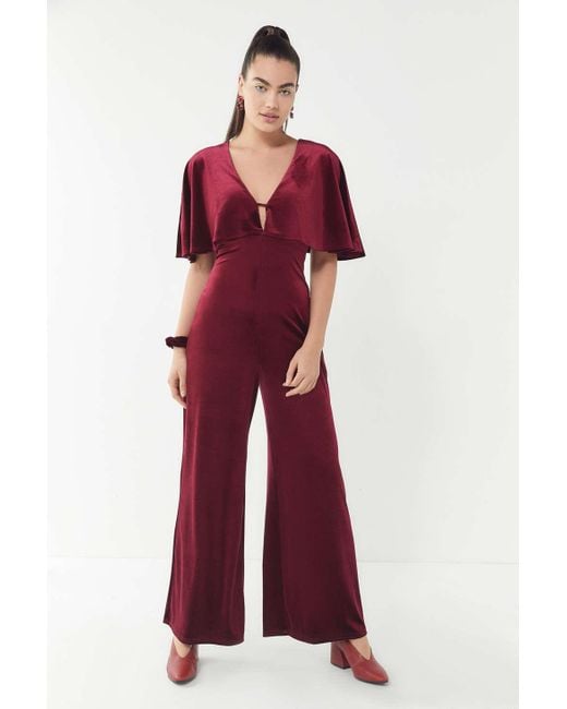 Urban Outfitters Uo Velvet Flutter Sleeve Jumpsuit in Red 