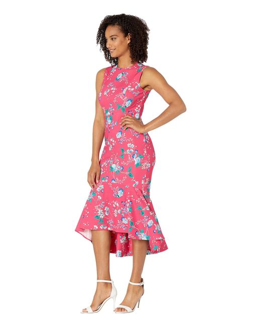 Calvin Klein Synthetic Floral High-low Dress W/ Ruffle Hem in Red
