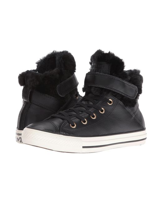 Converse Chuck TaylorÂ® All StarÂ® Brea Leather + Fur Hi in Black | Lyst