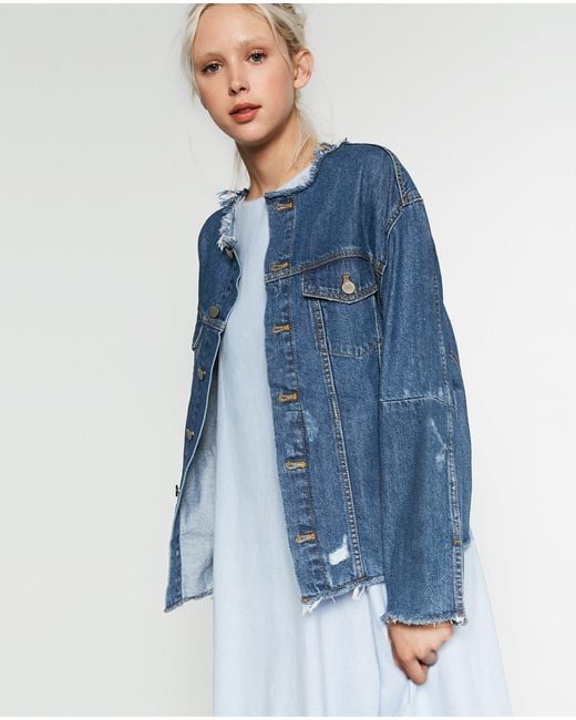 Zara Denim Jacket With Patch At The Back In Multicolor Lyst zara denim jacket with patch at the back in multicolor lyst