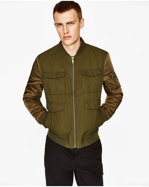 Zara Contrasting Bomber Jacket in Green for Men | Lyst
