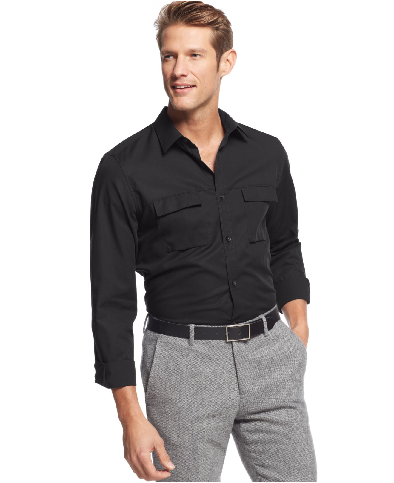 Calvin klein Double Pocket  Poplin Shirt  in Black for Men 