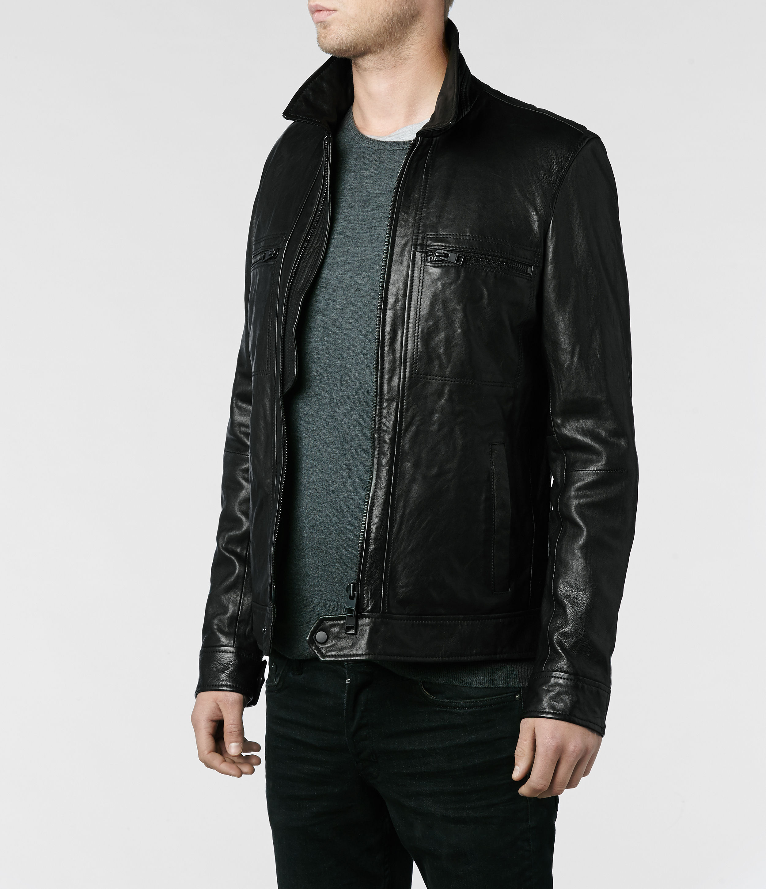 Allsaints Mower Leather Bomber Jacket in Black for Men - Save 20% | Lyst