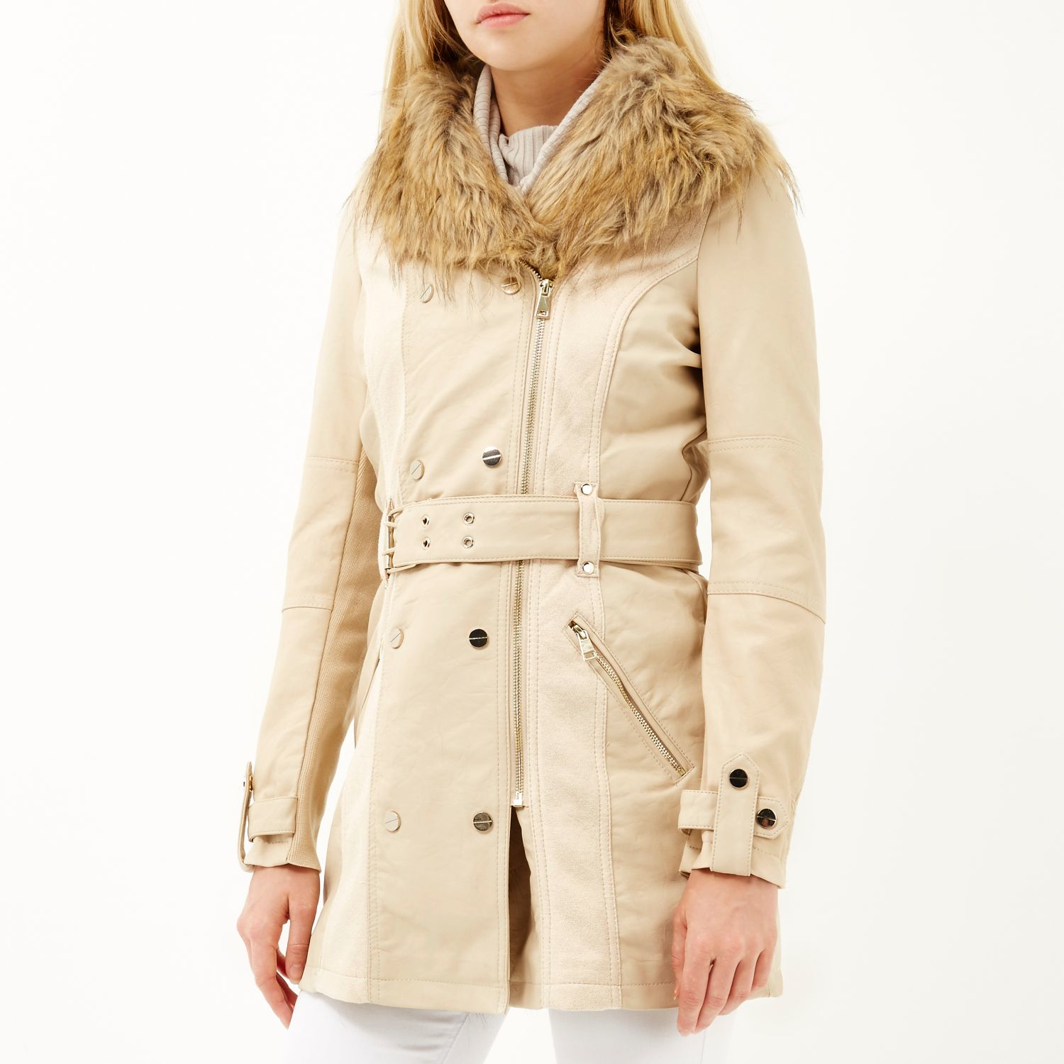 River Island Cream Leather Look Jacket Cairoamani Com Lyst River Island Cream Leather Look Faux Fur Trench Coat In Natural