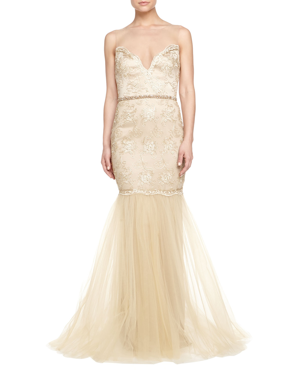badgley mischka metallic lace gown