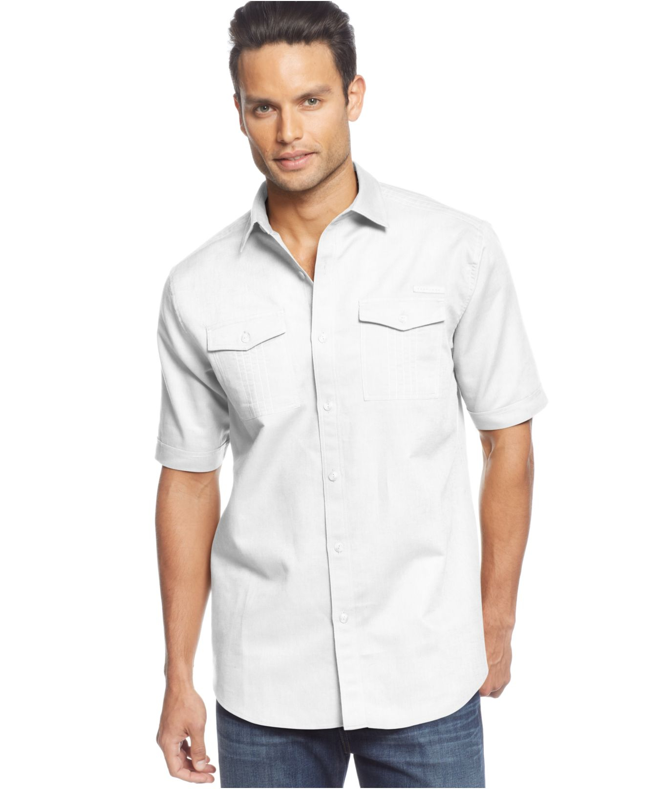 Sean john Big & Tall Short Sleeve Solid Linen Shirt in White for Men | Lyst