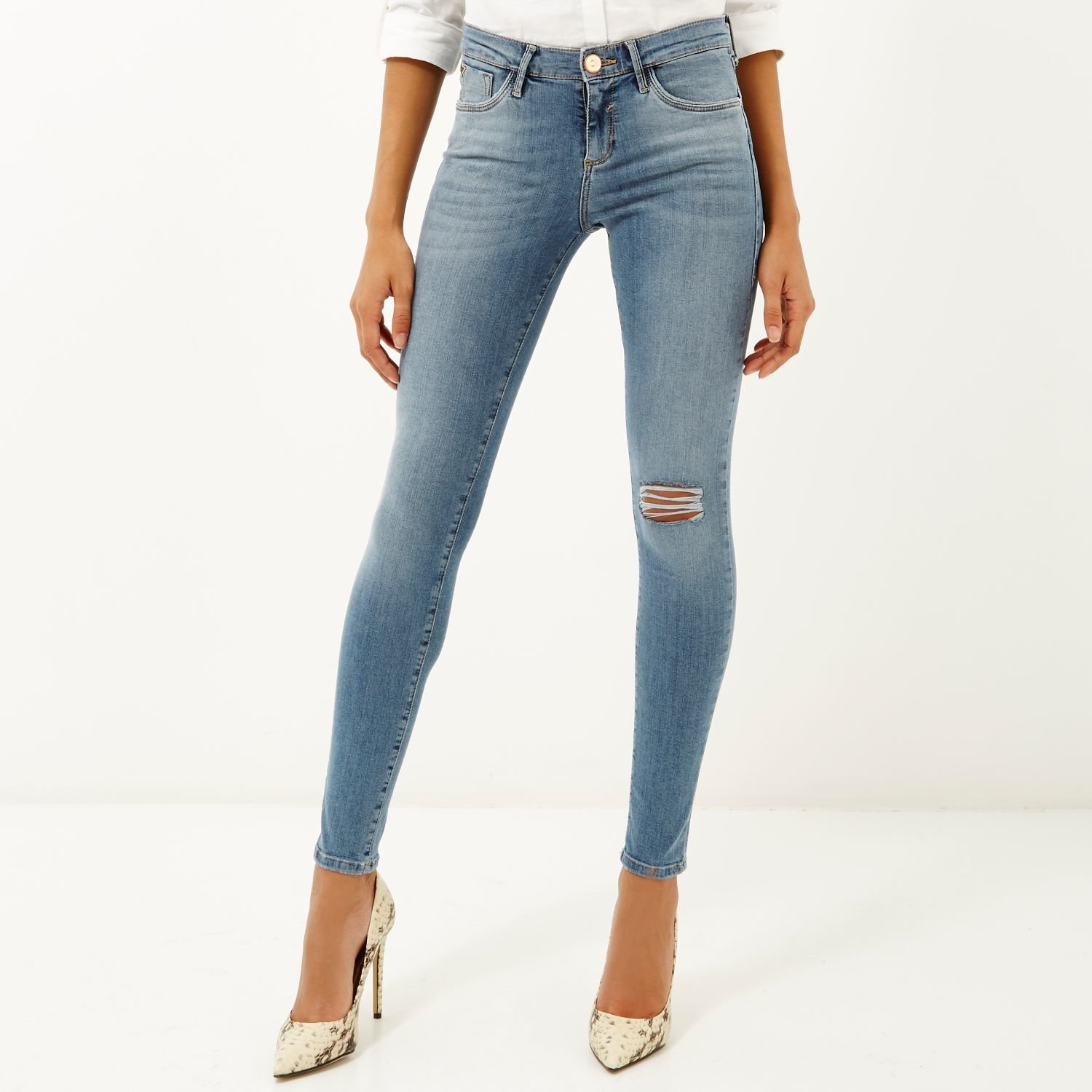 River Island Mid Wash Ripped Knee Amelie Superskinny Jeans -6293