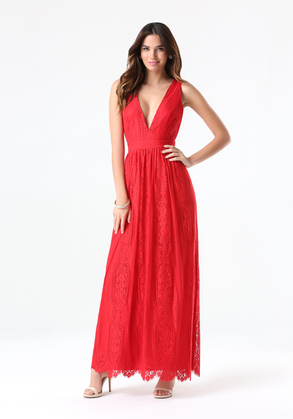 Lyst - Bebe Lace Plunge Neck Maxi Dress in Red
