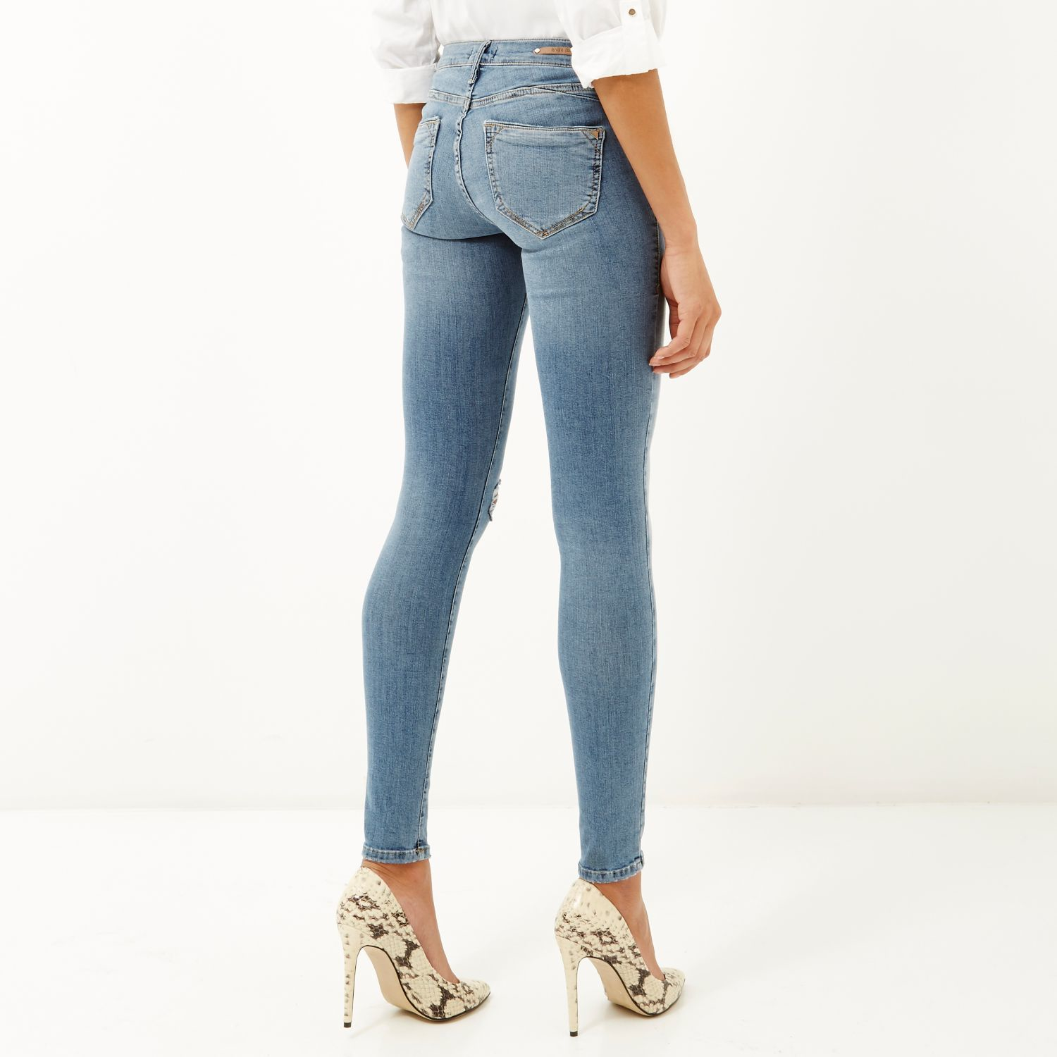 River Island | Blue Mid Wash Ripped Knee Amelie Superskinny Jeans | Lyst