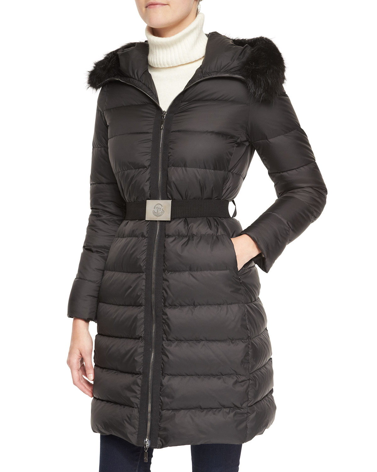 Lyst Moncler Fabrefox FurTrim Puffer Coat With Belt in Black