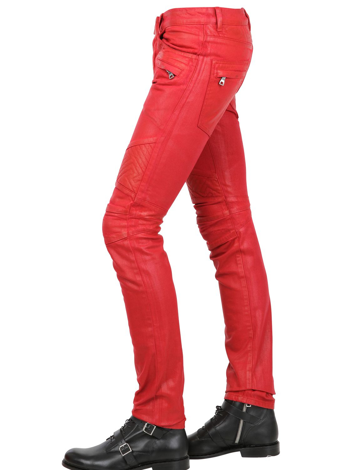Balmain 18cm Geometric Waxed Denim Biker Jeans in Red for Men Lyst