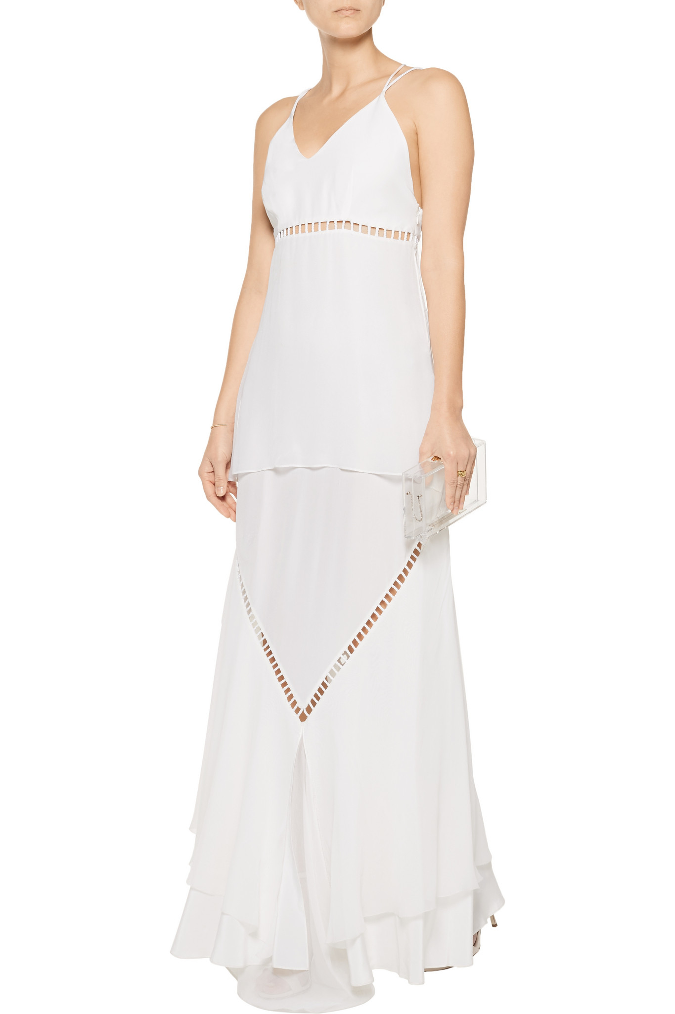 Michael Kors Collection Poppy-Print Silk-Chiffon Tiered D... Barneys New York's tieneck dress is crafted of red and multicolored floral silk chiffon. Made in Italy, this elegant piece is designed with an A-line, maxi silhouette. Self-tie at V-neck.
