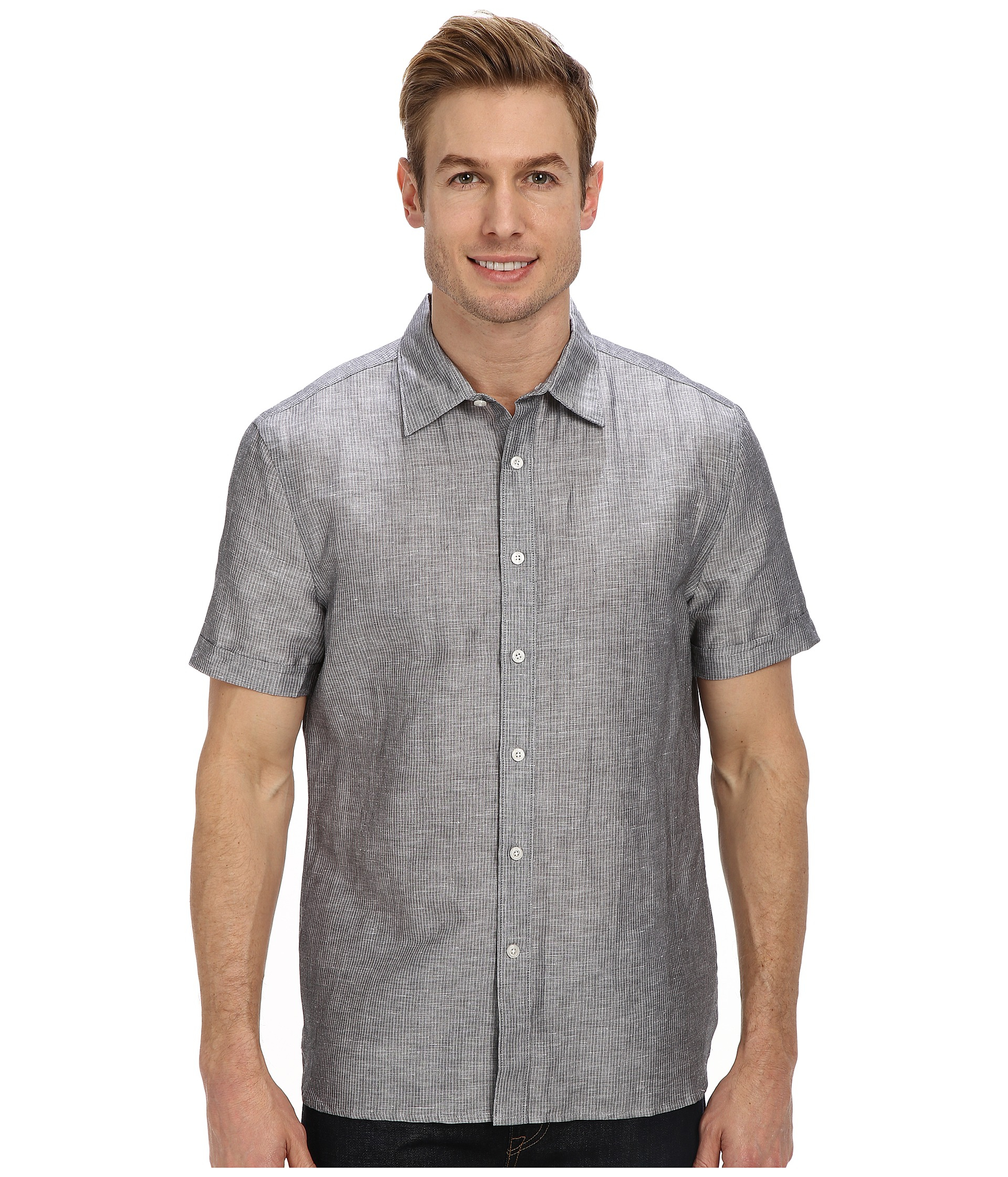 Lyst - Perry Ellis Short Sleeve Linen Stripe Shirt in Gray for Men