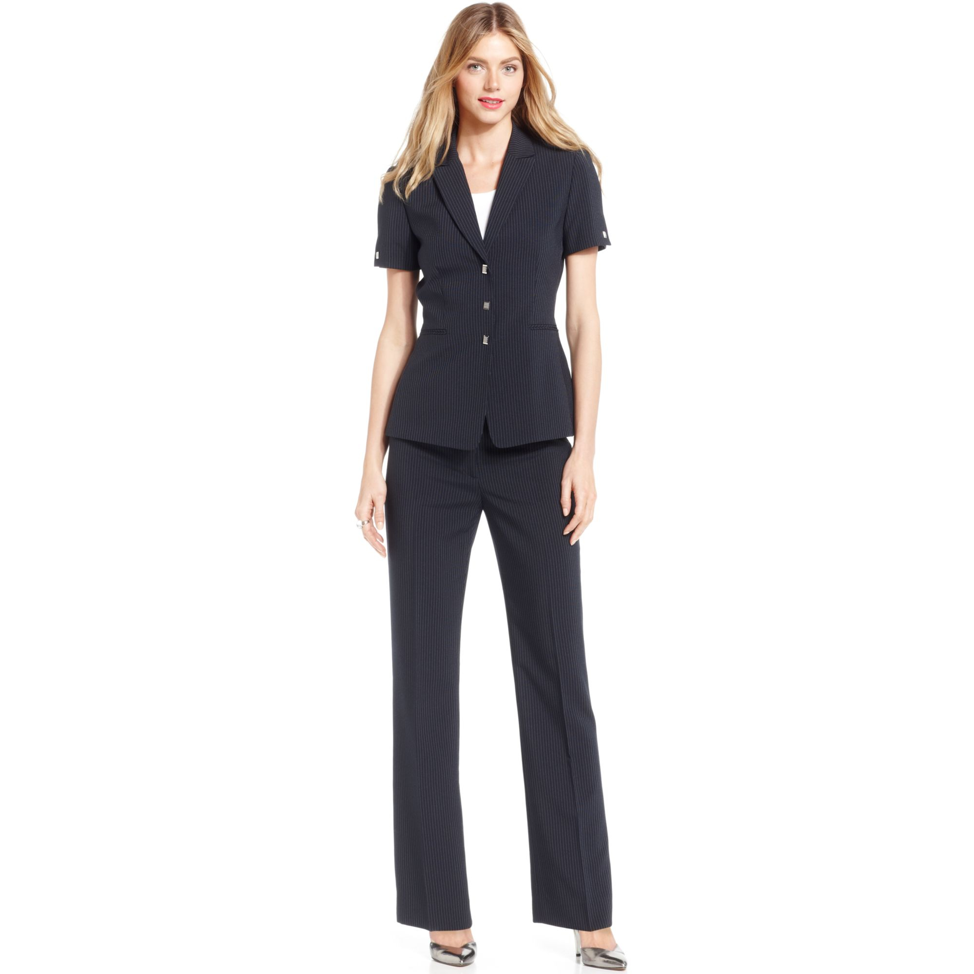 Lyst - Tahari Short Sleeve Jacket Pinstriped Pantsuit in White