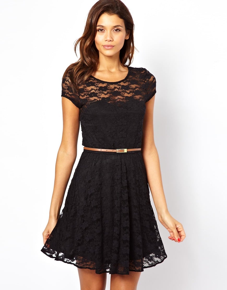 Lyst - Asos Lace Skater Dress with Short Sleeves and Belt in Black