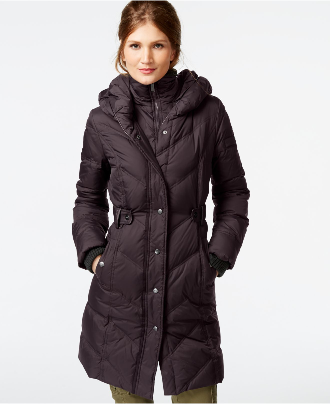 Lyst - DKNY Faux-leather-trim Quilted Down Coat in Brown