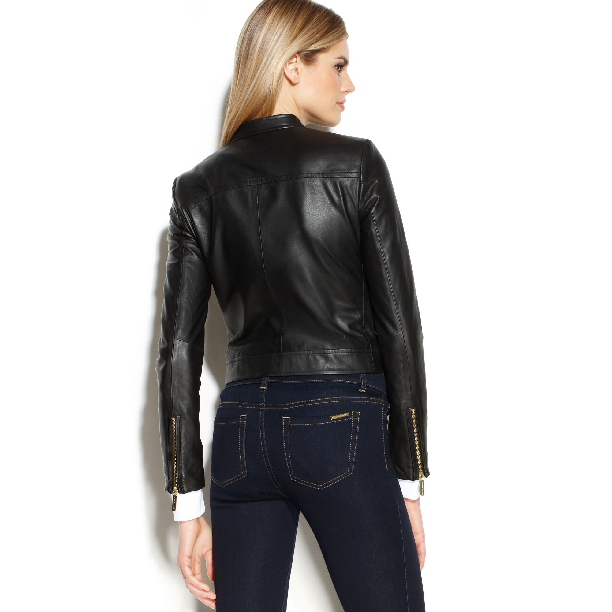 Lyst Michael Kors Michael Cropped Leather Moto Jacket in