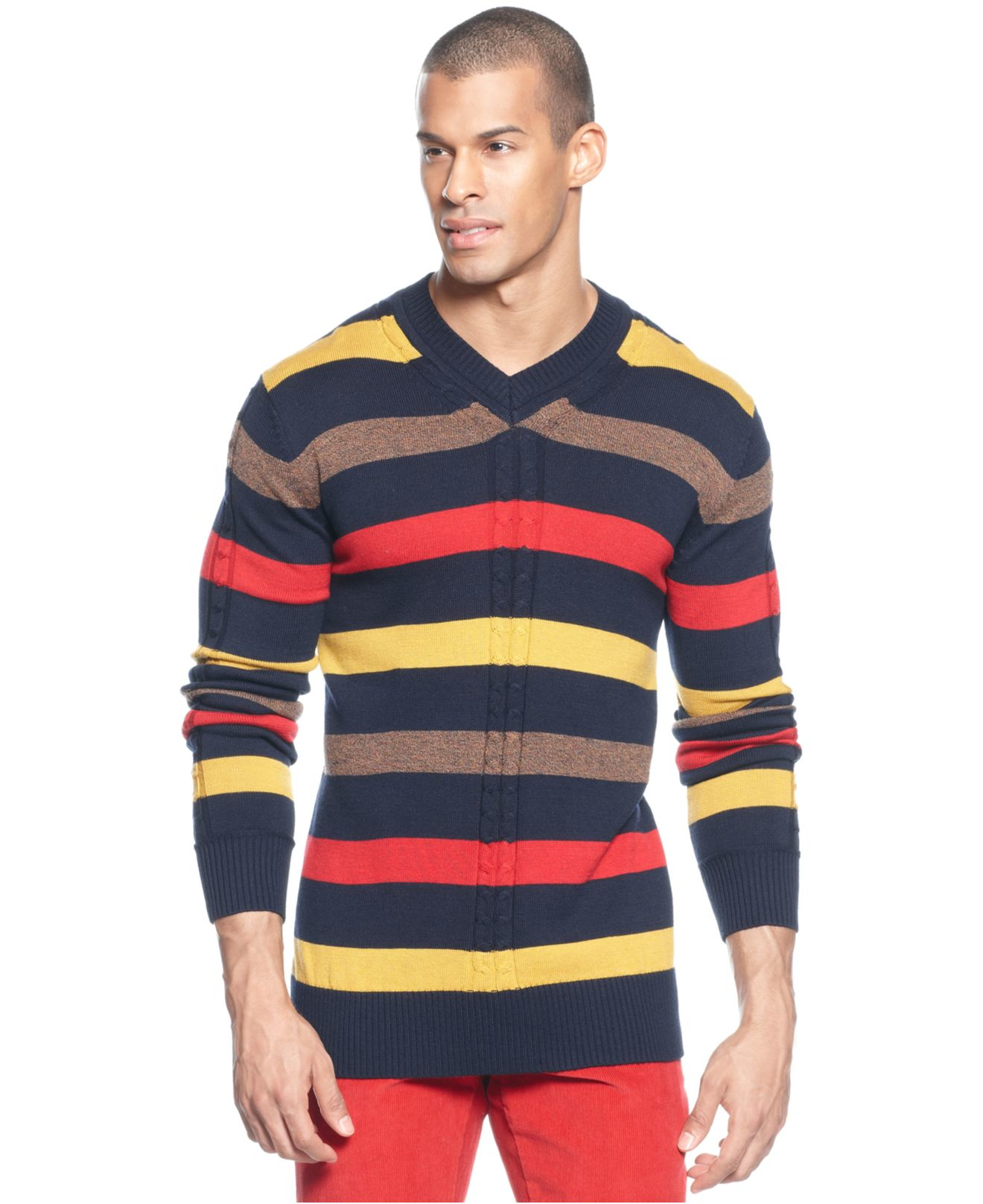 Sean john Striped V-Neck Sweater in Blue for Men | Lyst