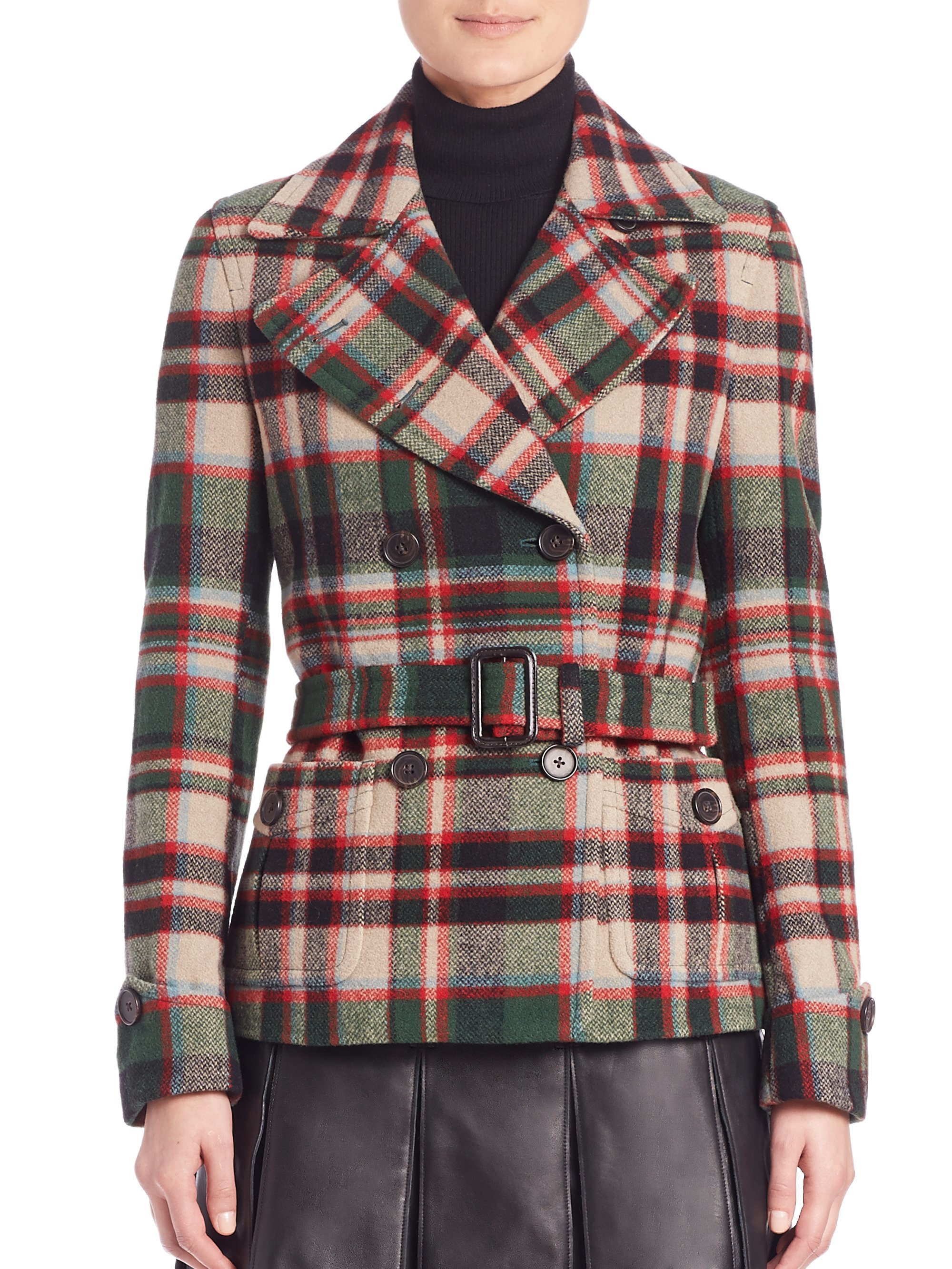 Polo ralph lauren Plaid Belted Peacoat in Green | Lyst