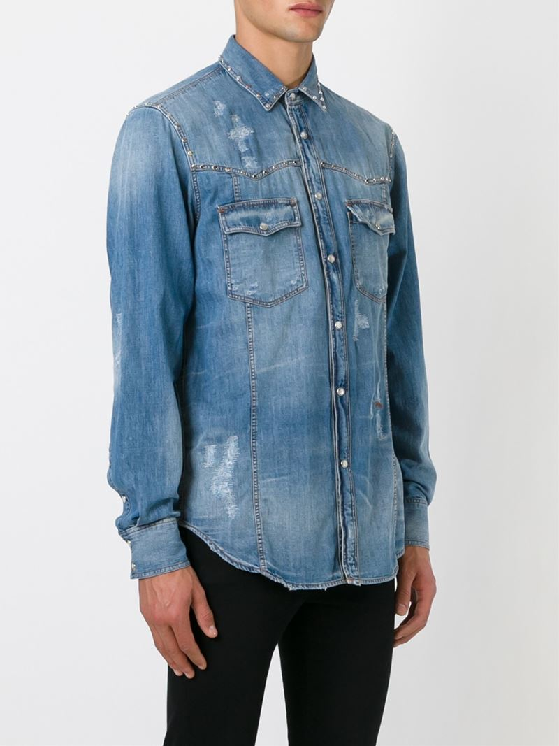 Lyst - Just Cavalli Distressed Denim Shirt in Blue for Men