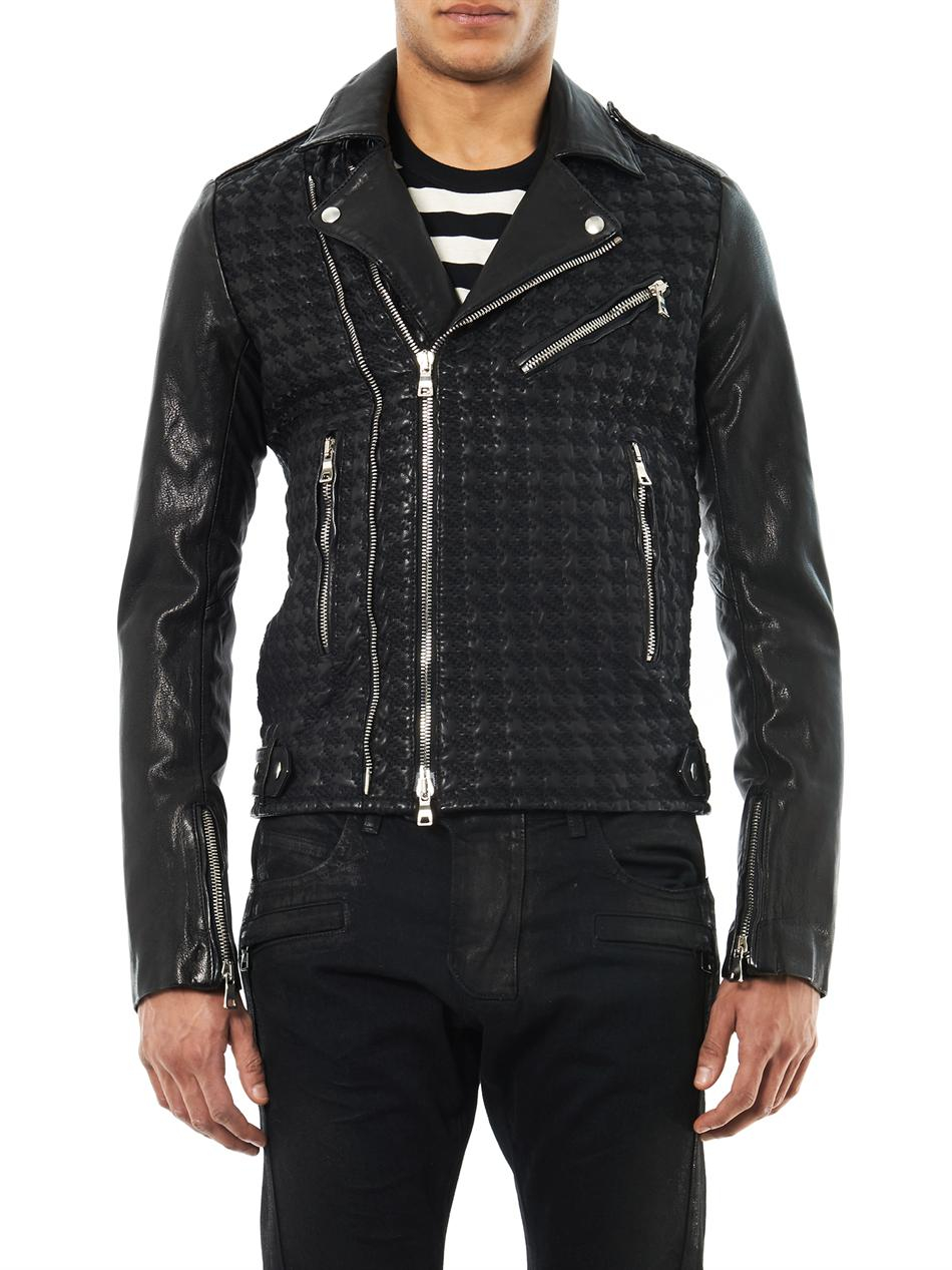Lyst - Balmain Houndstooth Leather Biker Jacket in Black for Men
