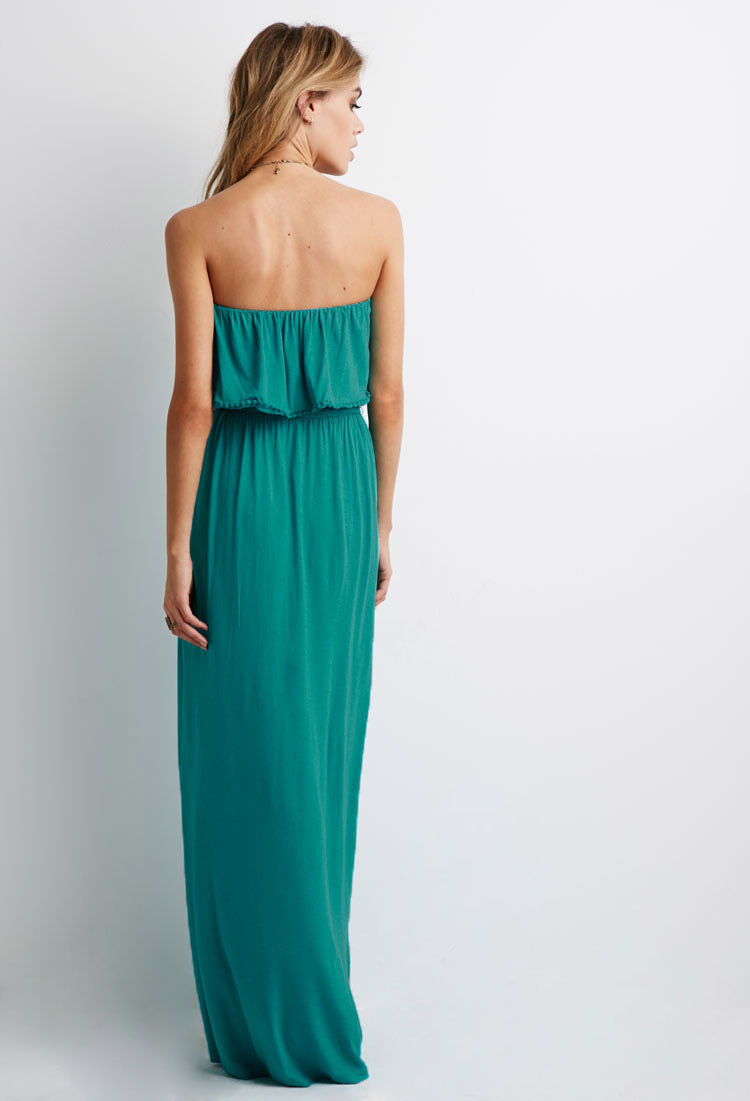 Lyst - Forever 21 Strapless Flounce Maxi Dress in Blue