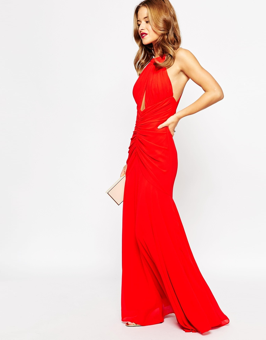 Lyst - Jarlo Keyhole Halter Maxi Dress With Ruched Detailing in Red